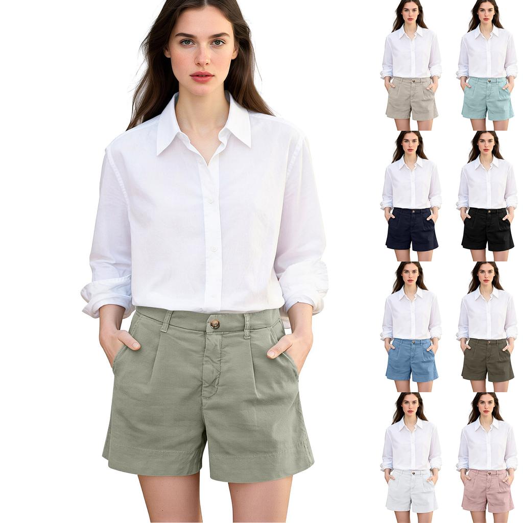 Women's Cotton And Linen Shorts, With Pockets, Button Closure, Business Casual .