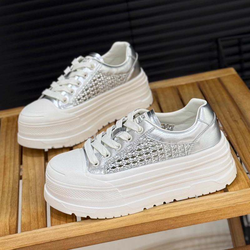 

Retro mesh white shoes women s summer new small high lace-up woven breathable casual board shoes tide 40 серебряный