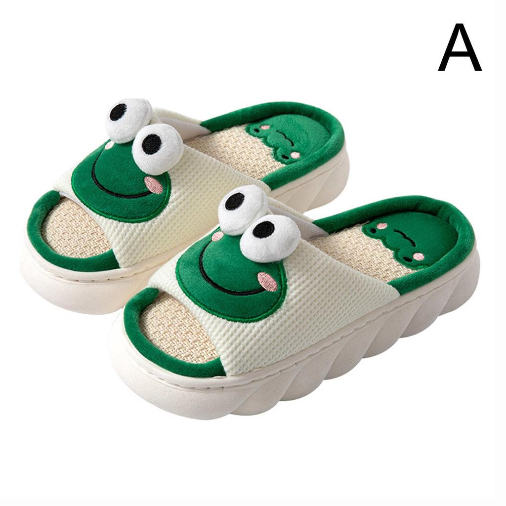 Women Cartoon Cute Frog Linen Slippers 2024 Summer New Thicken Bottom Home Shoes Cotton Couple Indoor Outdoor Casual Sandals