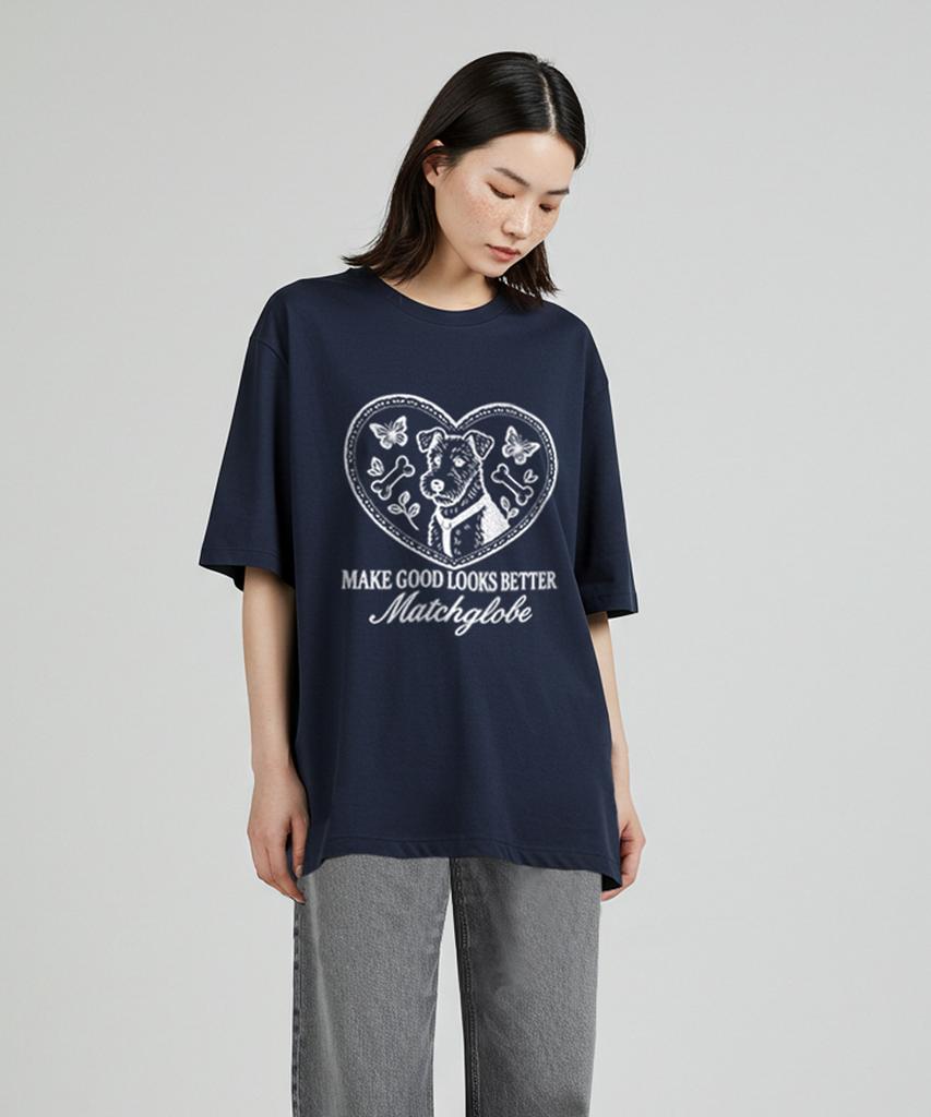 MATCHGLOBE Doggy Heart Oversized Tee (Navy)