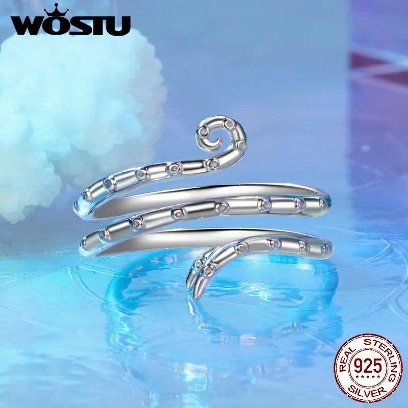 WOSTU 925 Sterling Silver Octopus Ring Plated White Gold Adjustable Ring For Women Ocean Dating Daily Parties Fine Jewelry Gifts