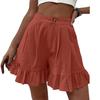 Women's Fashionable Loose-Fit Cotton-Linen Blend Casual Shorts With Pockets -Color Ruffled Wide-Leg Pants