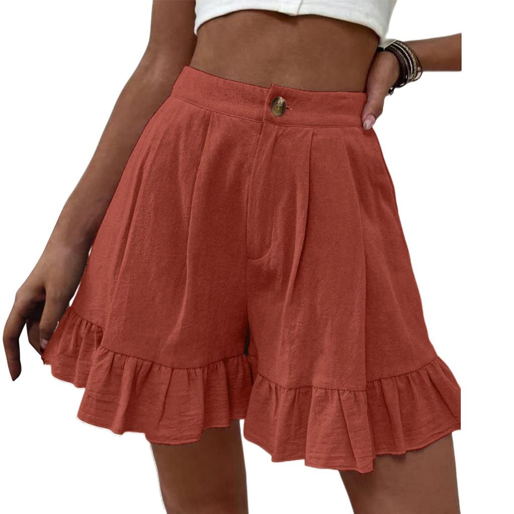 Women's Fashionable Loose-Fit Cotton-Linen Blend Casual Shorts With Pockets -Color Ruffled Wide-Leg Pants