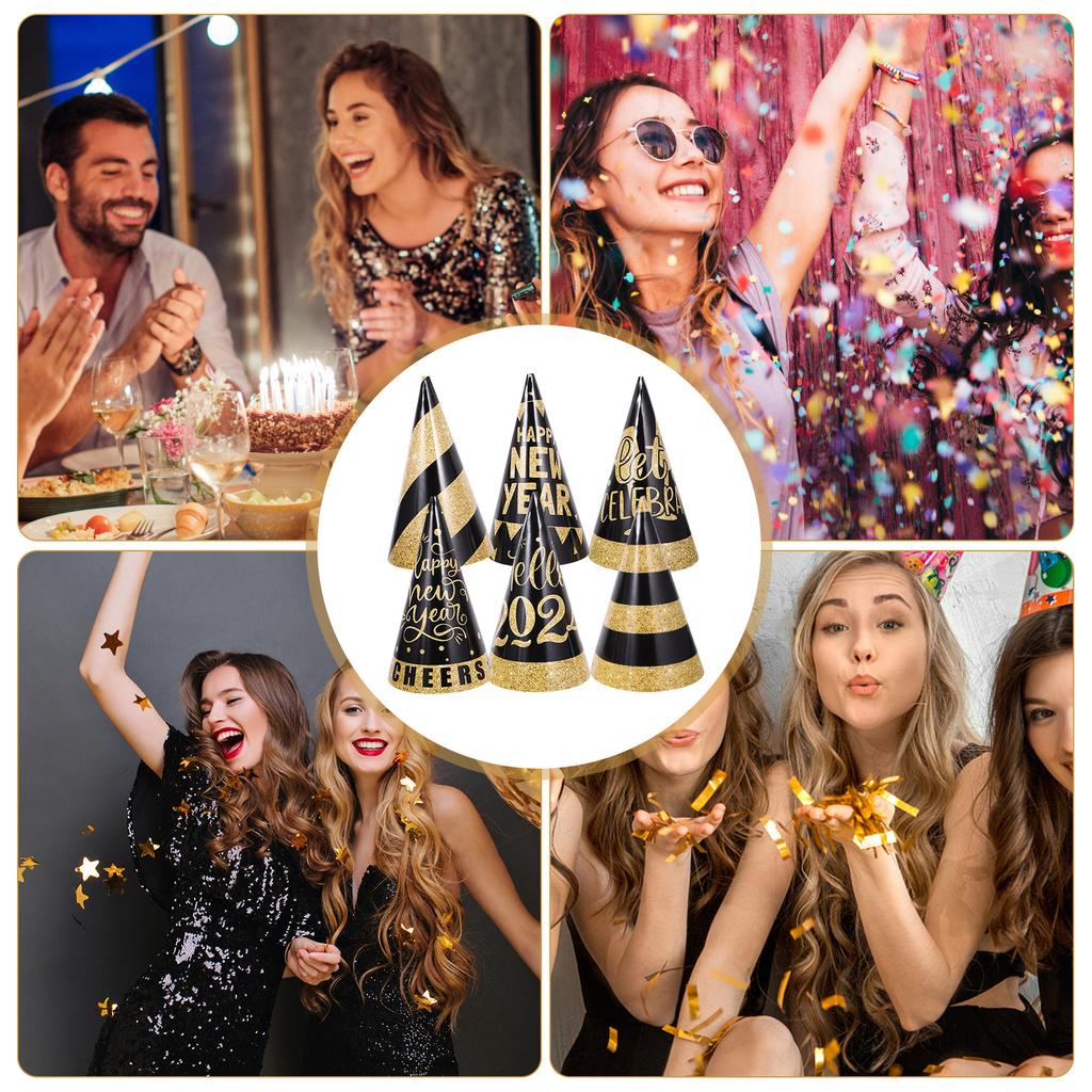 6Pcs Black Gold New Year Party Hats Paper Cone Hats Adults Lightweight Comfortable Design Suitable for Countdown Parties Family