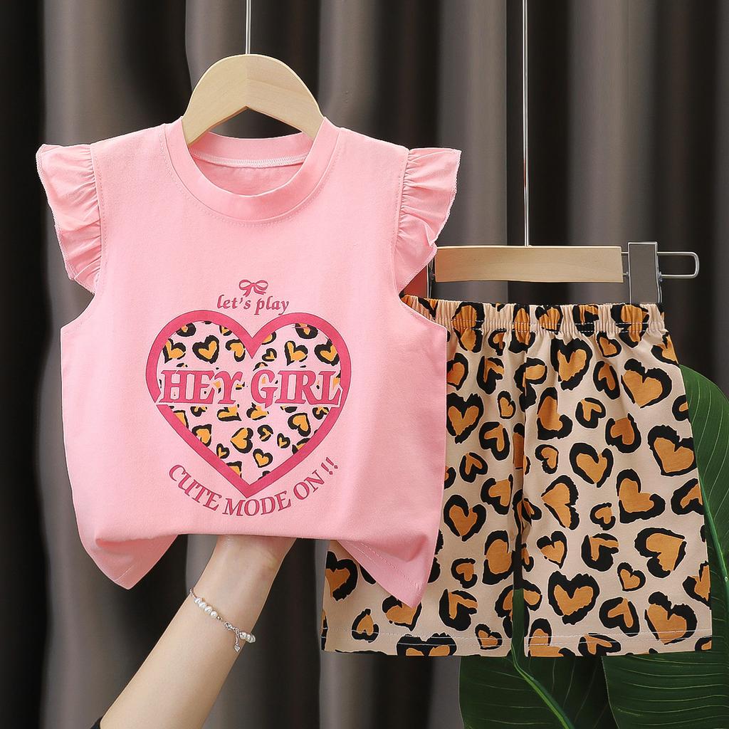 Girls' Cotton Short-sleeved Set For Summer Children's Casual Flared Shorts Two-piece Set