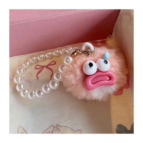 Large Mouth Cartoon Plush Doll Keychain With Faux Pearls Lanyard