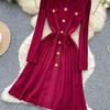 Autumn Winter High Waist Knitted Umbrella A-line Dresses 2025 New Buttons O-neck Long Sleeve Loose Sweater Dress Female