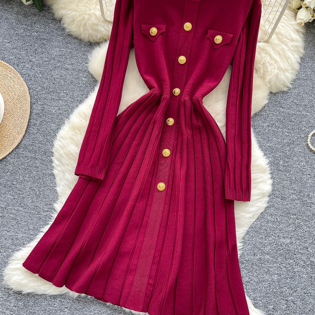 Autumn Winter High Waist Knitted Umbrella A-line Dresses 2025 New Buttons O-neck Long Sleeve Loose Sweater Dress Female