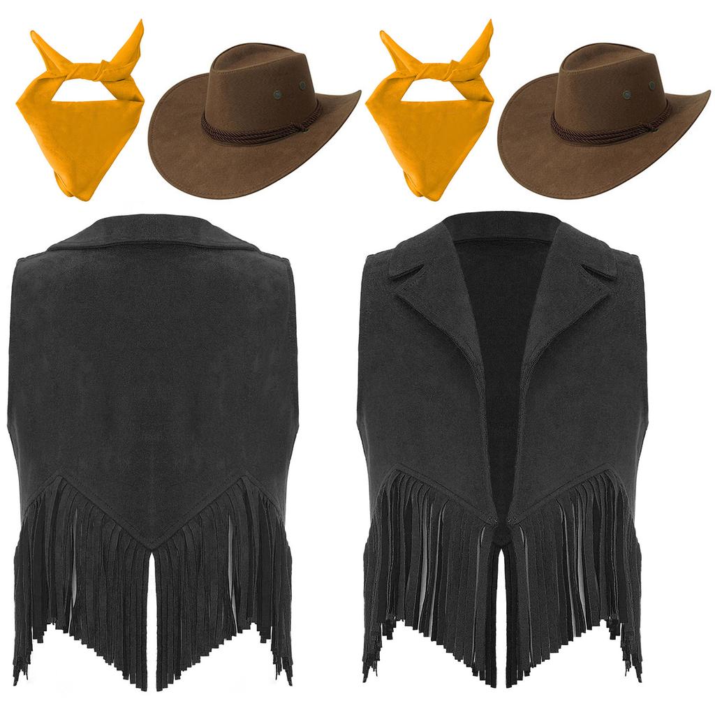 Kids Cowgirl Vest Suede Fringe Tassel Western Costume Set with Bandana Hat for Halloween Rodeo Role Play