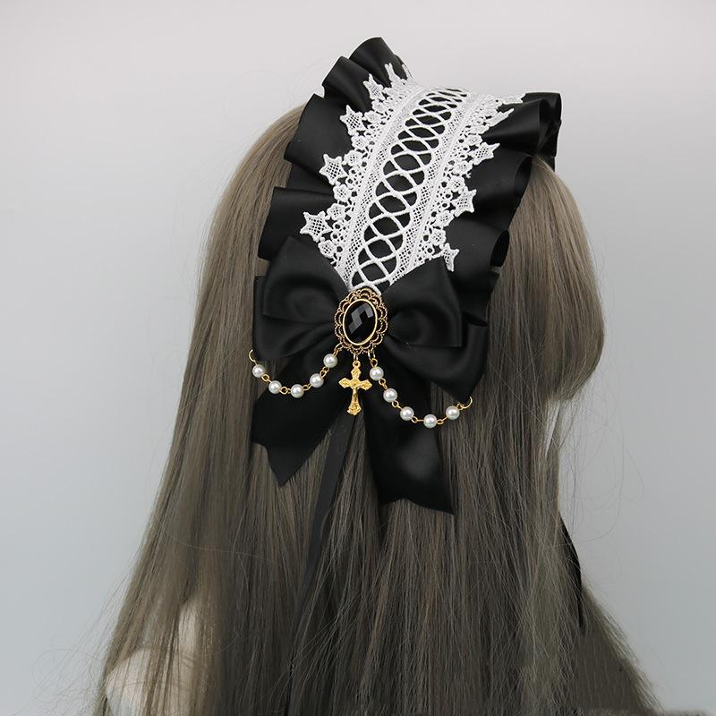 Lolita Maid Headdress Gothic Dark Angel Cross Lace Bow Headband Sweet  Cosplay Head Wrap Anime Hair Accessories