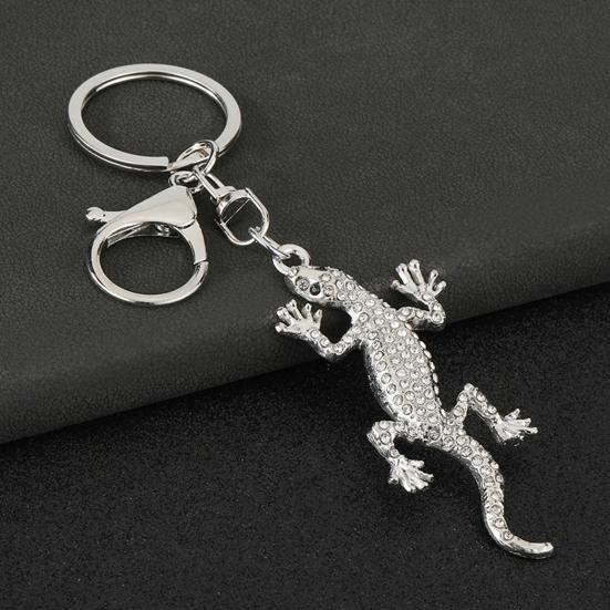 Keychain Pendant Sparkling Rhinestones Gecko Shape Zinc Alloy Key Holder with Electroplated Lobster Clasp Backpack Accessory