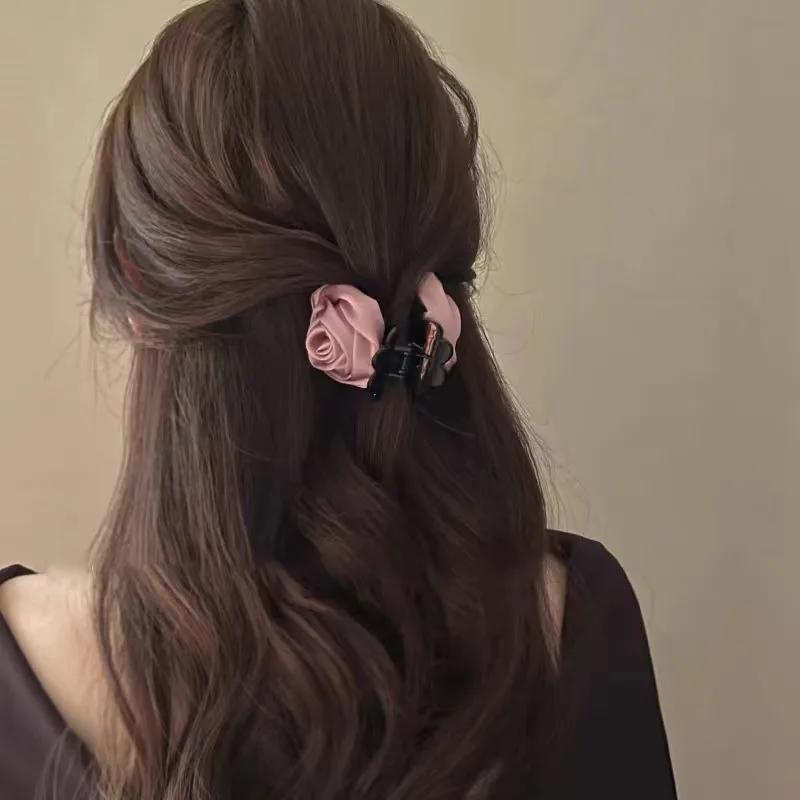 French Big Rose Flower Hair Claw Clips for Women Girls Vintage Satin Solid Fabric Handmade Shark Hairgrip Accessories New