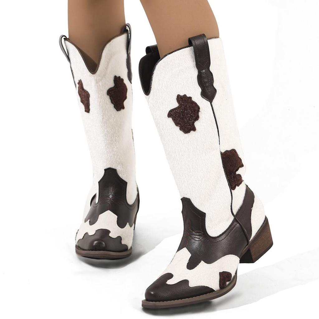 Fashionable Plus-Size Embroidered Mid-Calf Women's Boots: Pointed Toe, Chunky Heel, Sizes 35-46