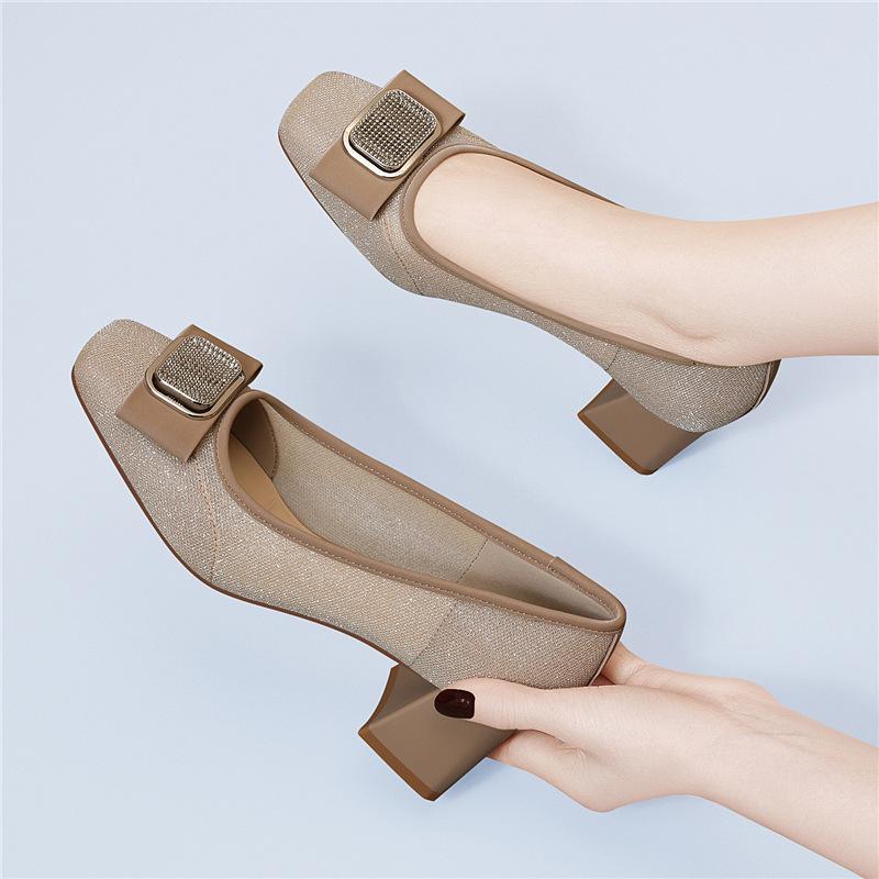 New square head light mouth breathable mesh leather single shoes solid color square heel large size low heel spring and summer women's shoes