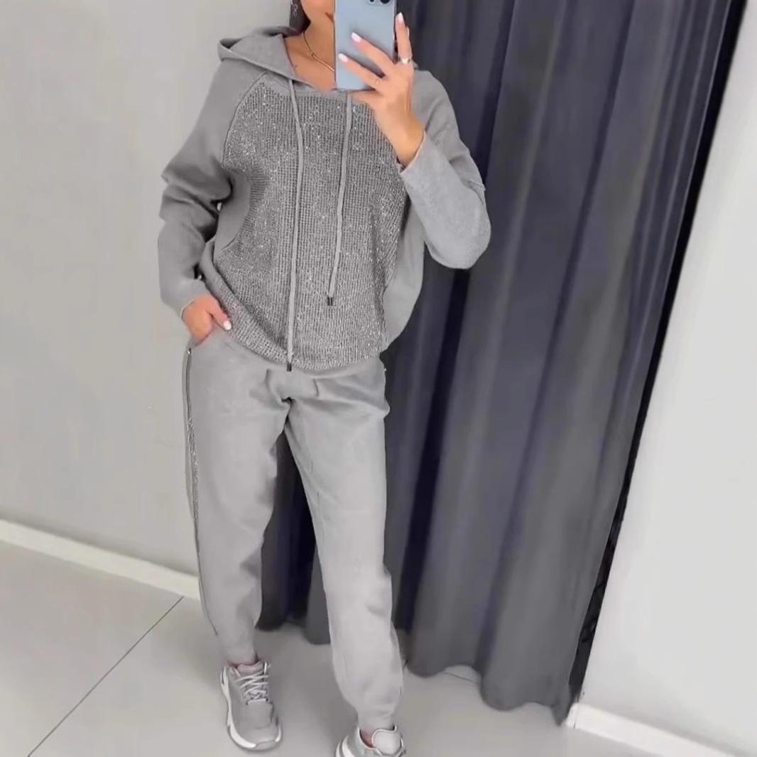 

Женский двухцветный худи и джоггеры с дизайном из страз XXL серебряный серый