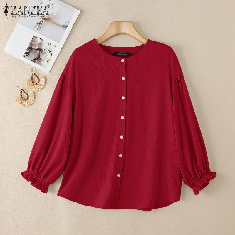 ZANZEA Womens Round Neck Long Sleeve Casual Blouse