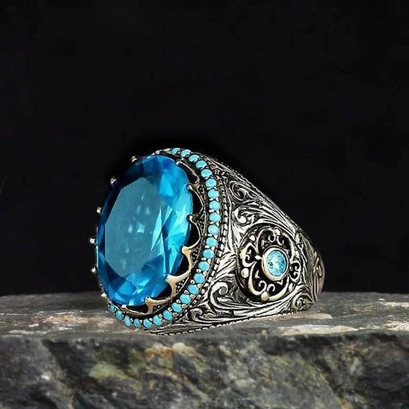 

European and American cross-border super flash diamond-set gemstone ring men s hip-hop engraving retro pattern ring trendy cool jewelry wholesale No. 13