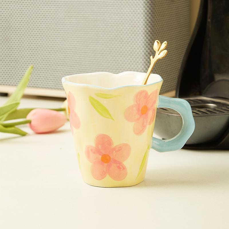 Creative Hand-Squeezed Small Fresh Tulip Mug Hand-Painted Flower Ceramic Cup Office Gift Box Coffee Milk Cup