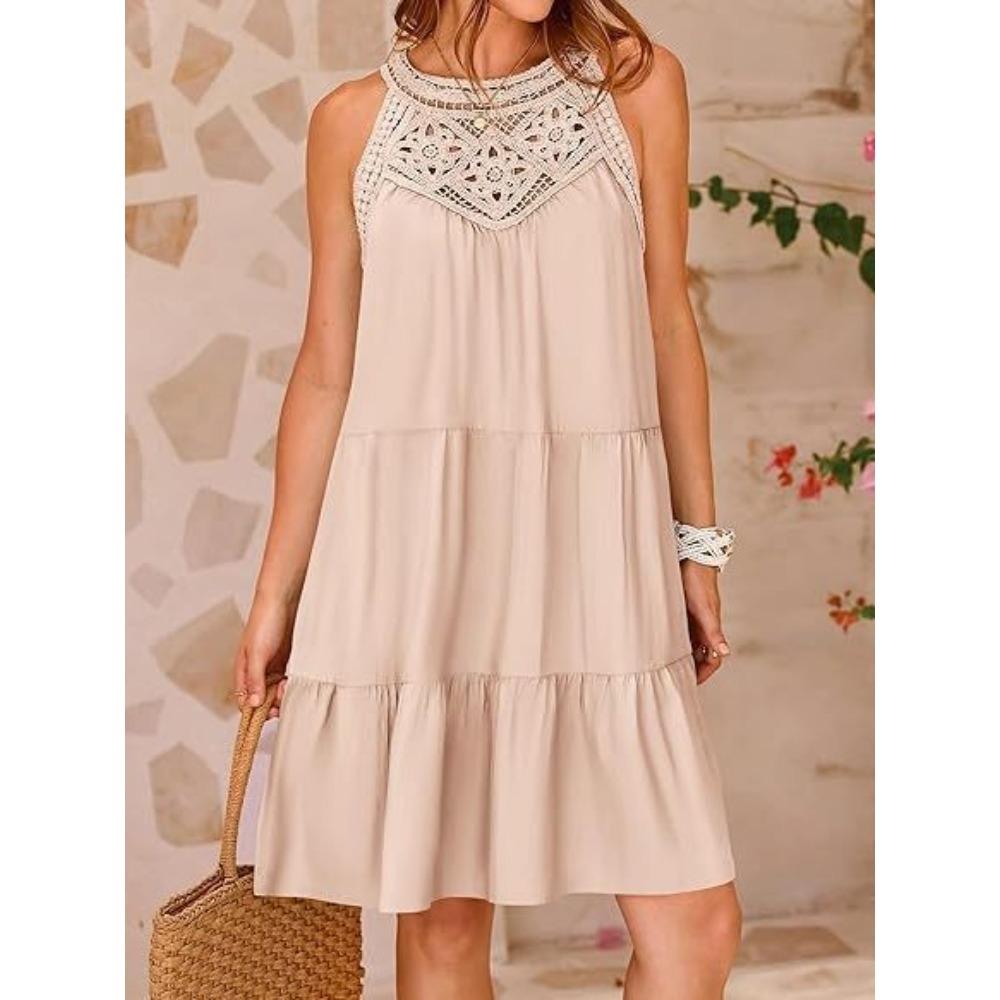 Damen Halter Neck Ärmellos Häkeldetail Lockerer Schnitt Sommer Swing Kleid