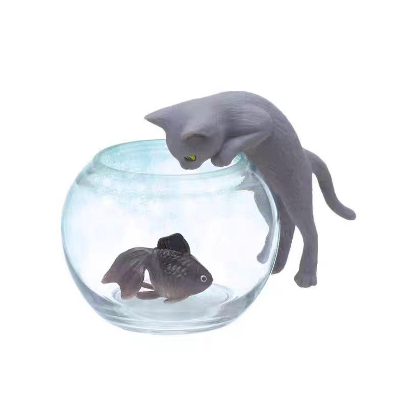 Genuine Action Figure Watching Goldfish Cat Gacha Catching Fish Three Flower Cat Black Cat Ornament Model Toys