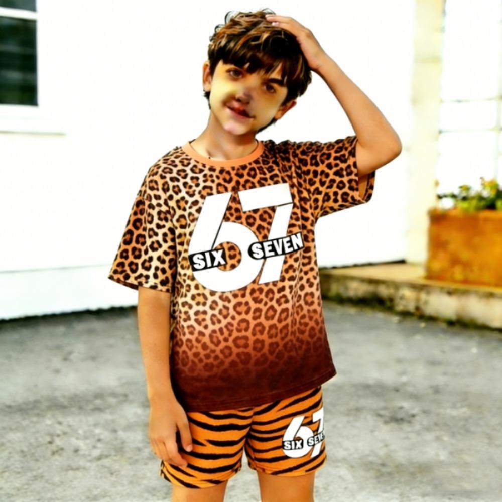 Leopard 67 Kinderkleidung Farbverlauf Bedrucktes Kinder-T-Shirt und Shorts 2-teiliges Set Sommer Lässiges Outfit für Jungen und Mädchen Oberteil