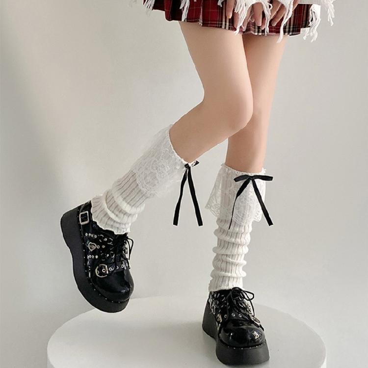 Women Aesthetic Ribbed Knit Stretch Leg Warmer Japanese Boot Cover Sweet Ruffled Lace Trim Bows Leg Sleeve Long Socks