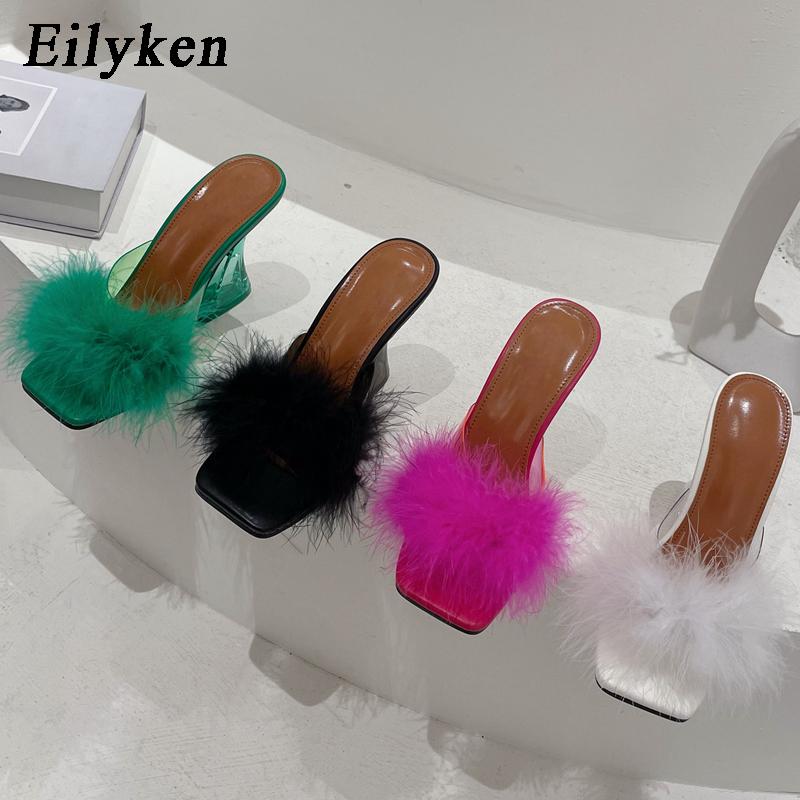 Eilyken Mode Bonbonfarben Feder Damen Hausschuhe Transparent Kristall Plexiglas Hufabsätze Peep Toe Pantoletten Slides Schuhe
