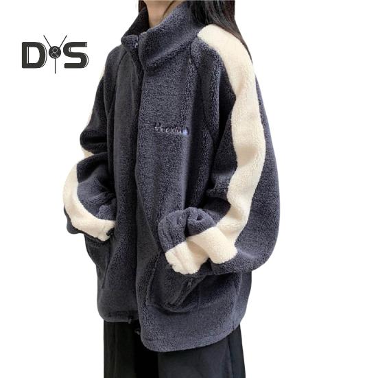 

Зимнее женское пальто с воротником-стойкой, длинными рукавами, карманами, вышивкой, застежкой-молнией, цветные блоки, плотный флис, свободная спортивная повседневная куртка для повседневной носки M темно-серого