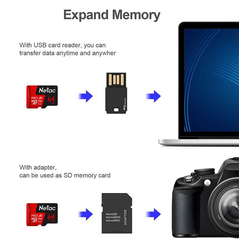 Netac Karta Pamięci Micro SD 128GB 32GB 64GB 256GB Karta TF 512GB Wysoka Prędkość Do 100MB/s A1 U3 V30 C10 Karta SDXC do Aparatu, dronów, konsoli do gier, GoPro