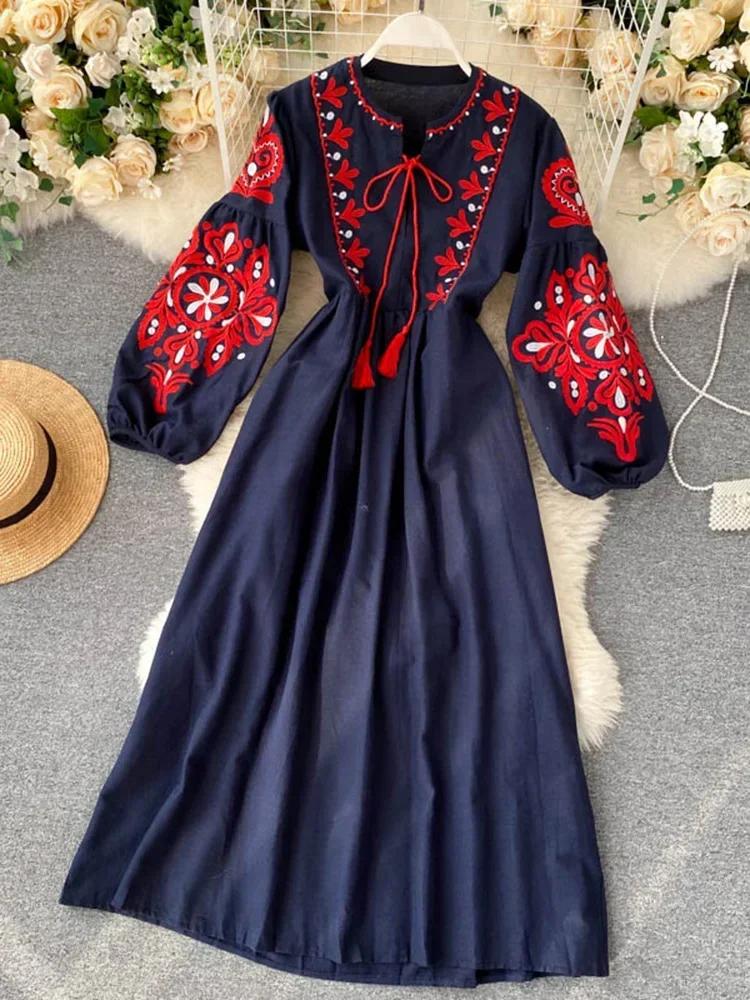 

Women Autumn Dresses Bohemian Embroidered Flower O-Neck Lantern Sleeve High Waist Pleated Dress All-match Female One Size