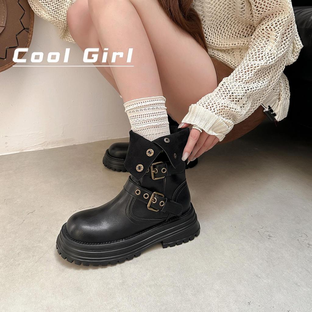 Genuine Leather Fold-over Melaude Martin Women's Height-increasing Mid-calf Boots 2025