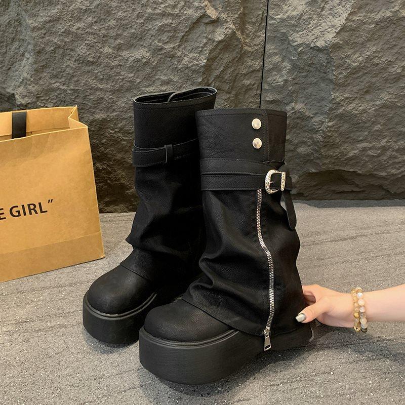 Long boots, high boots, small men, spring and autumn heightening trousers, stacking new muffin boots, thick-soled folds, retro