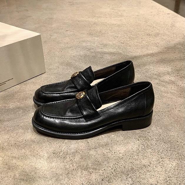 Cowhide~ Grape mother same camellia platform loafers women's genuine leather retro gold buckle versatile thick heel small leather shoes