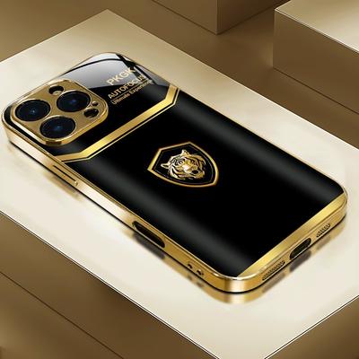 Fajny Złoty Wzór Tygrysa Złoty Metaliczny Lakier Szklane Etui na Telefon Dla iPhone 17 16 15 14 13 12 11 Pro Max 15 Plus 17 Air 16E Pokrowiec
