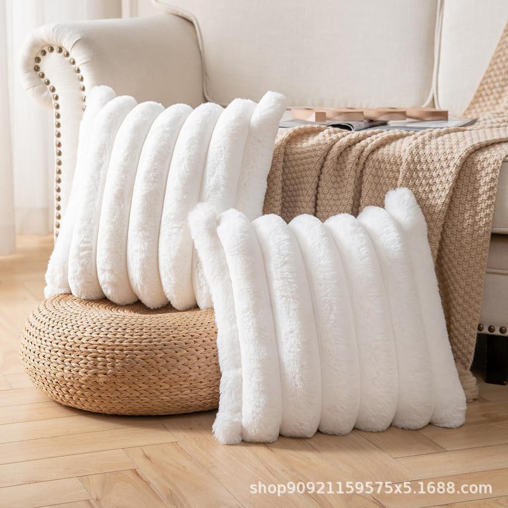 Plush Striped Throw Pillow, Nordic Style Sofa Cushion, Soft Faux Rabbit Fur Backrest Pillow
