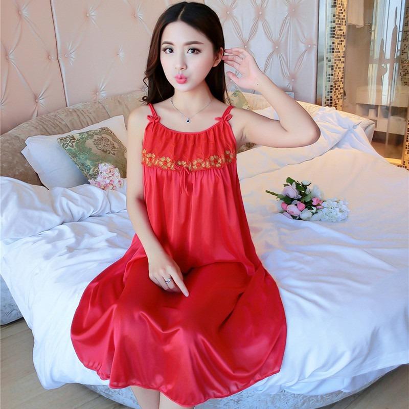 GMXIA Summer Ice Silk Nightgown Long Dress, Thin Silk Skating Set, Soft and Comfortable Women's Pajamas and Home Wear