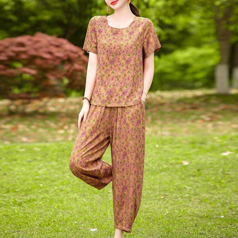 Women's Summer Printed 2-Piece Outfit, Plus Size Casual Short Sleeve Top & Pants Set (XL-5XL)