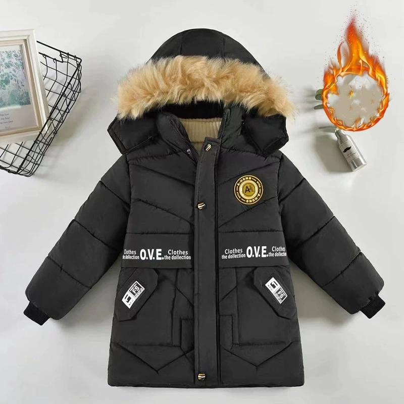 Autumn Winter Boys Jacket Long Style Letter Print Thick Warm Hooded Coat Fur Collar Down Cotton Outerwear for 4-10 Years Kids