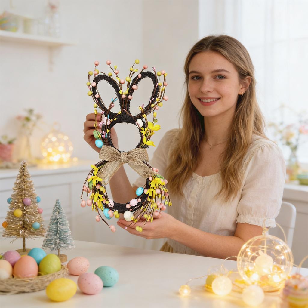 50*25cm Easter Bunny Wreath With Flowers, Bunny Shaped Pendant, Front Door Decoration
