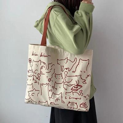 1PCS Cute Ladies Canvas Shopping Bag Reusable Shoulder Bag Large Capacity Handbag Aesthetic Student Teacher Bag Cute Bag