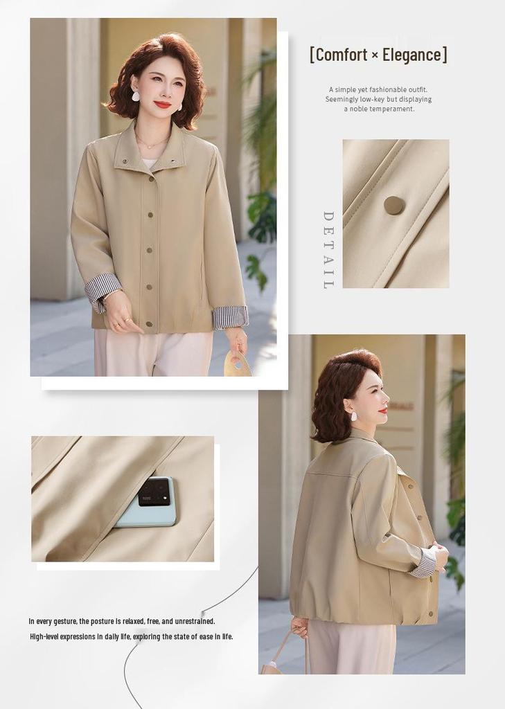 Spring Plaid Patchwork Windbreaker Jacket for Middle-Aged and Elderly Women