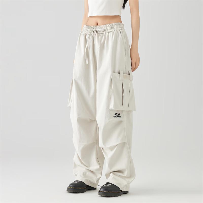 GOLFCROSS Unisex Letter Embroidered Draped Straight-Leg Cargo Pants M