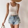 Ladies Summer Sleeveless U Collar Solid Color Casual Tassel T Shirt Vest Crop Top