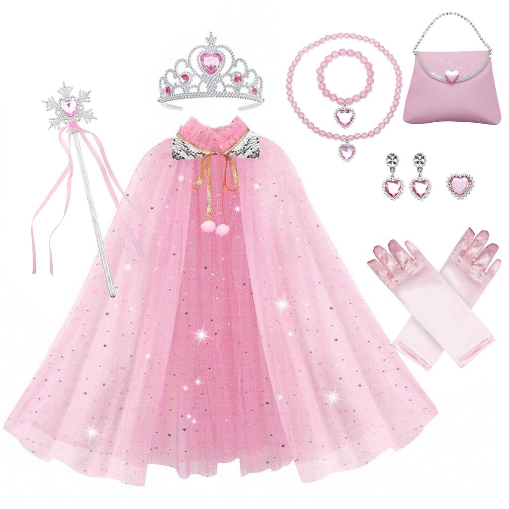 Princess Dress Up Clothes Set Princess Dress Up Cloak Set Mermaid Sequin Cape Kit with Crown Necklace Bracelet Ear Clips for Kid