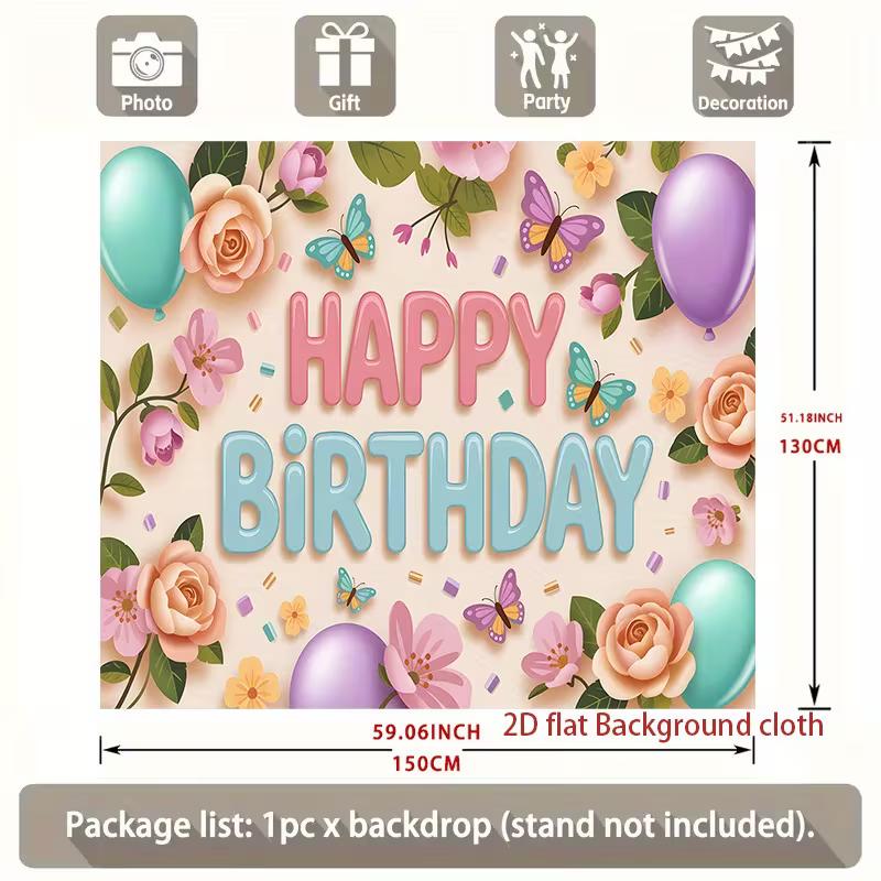 2D Pastel Floral Butterfly Backdrop Happy Birthday for Girls Themed Photo Booth Background