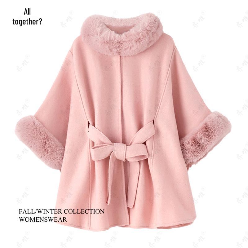 Women's Fox Fur Collar Wool Cape - Lace-up, Plus Size, Autumn/Winter Shawl.