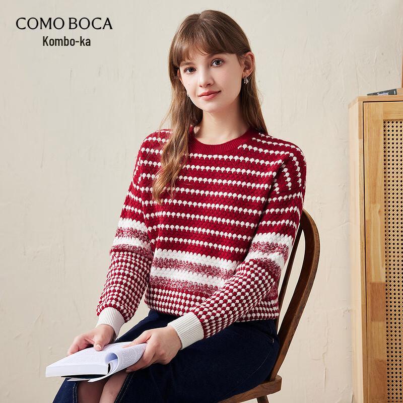 KEMENG BOKA Women's Striped Round Neck Chunky Wool Sweater