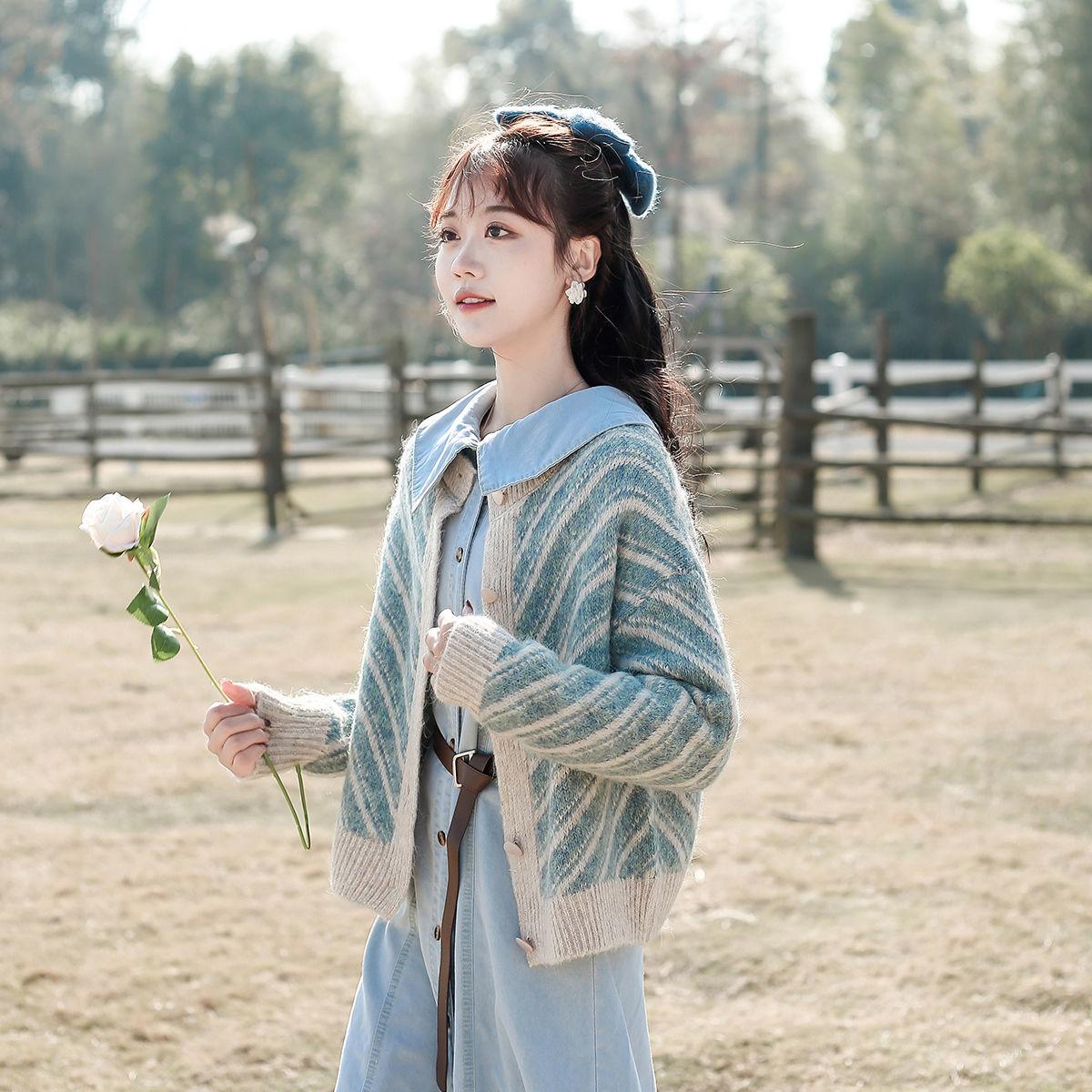 

Винтажный вязаный кардиган в диагональную полоску, женский короткий осенне-зимний свитер, свободный ленивый пальто-топ M