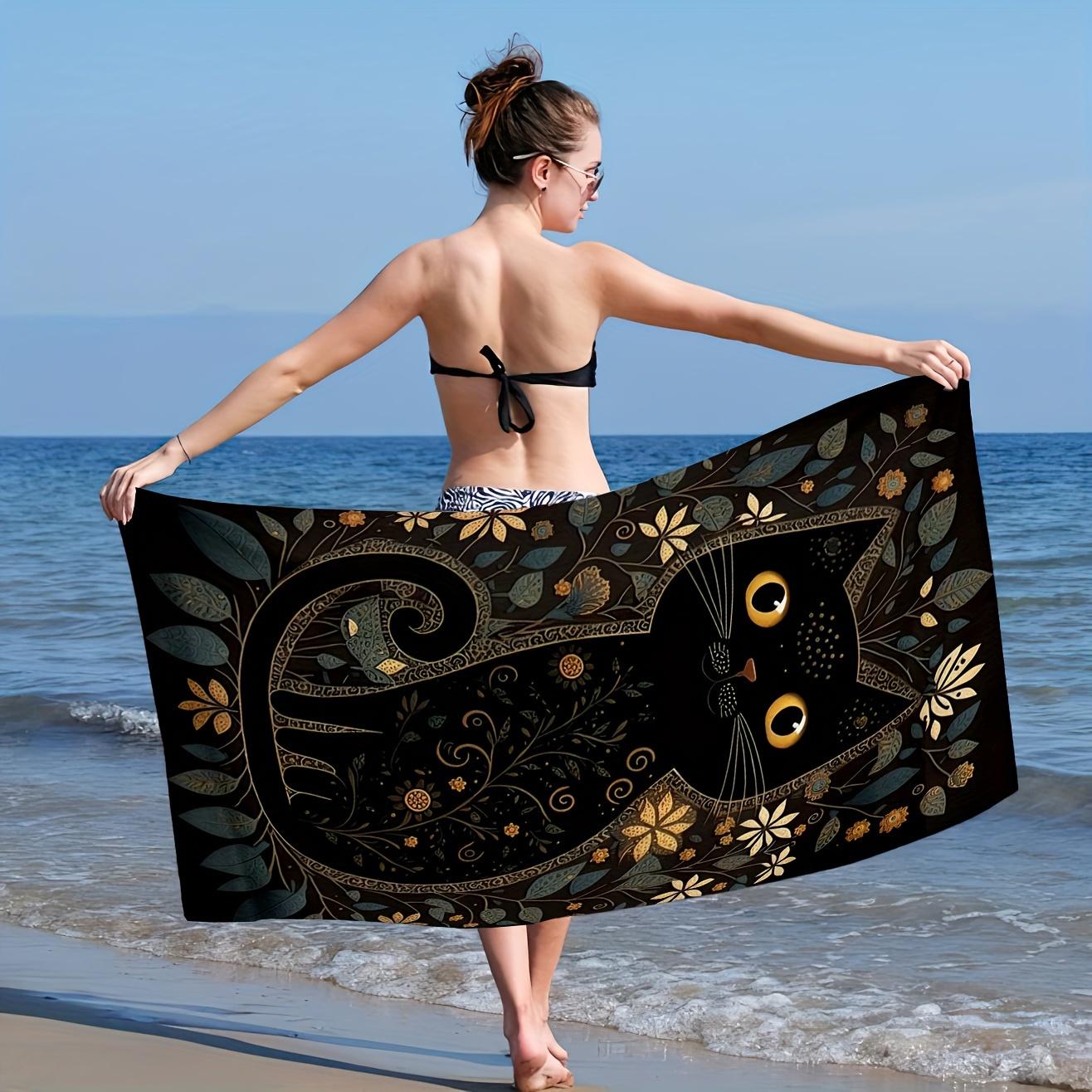 

Cute Black Cat and Golden Leaves Beach Towel, Elegant Animal Art Quick-Dry Sand-Free Microfiber Bath Towel for Swim and Camping W40*H60(CM)