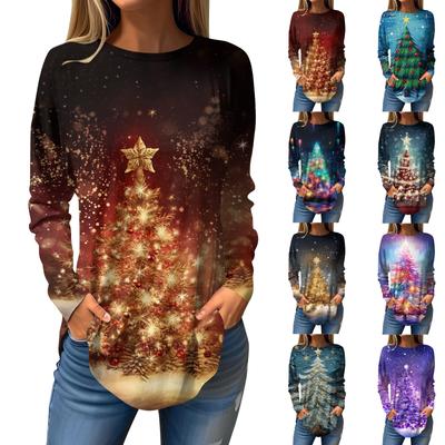 Dámske vianočné tričko s dlhým rukávom s voľným okrúhlym výstrihom, sveter s dlhým rukávom